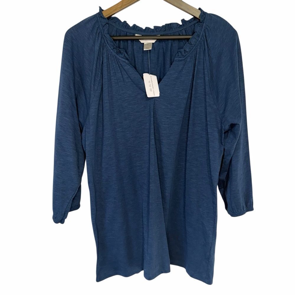 Christopher & Banks Ruffle Detail 3/4 Sleeve Knit Top Tee Womens Medium Blue